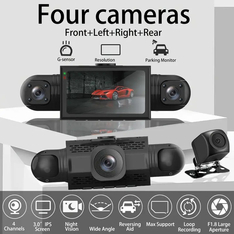 360 4-3 Channel Car Dash Cam with Night Vision